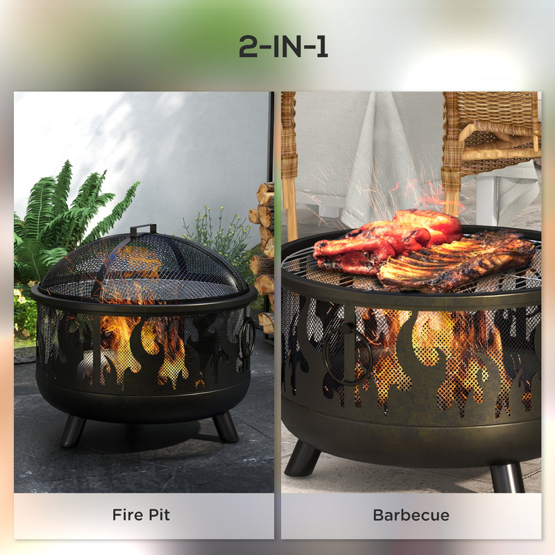 Outsunny - Outdoor Metal Fire Pit, 24" Round Firepit Bowl w/ Lid Grill Poker Handles for Garden, Camping, BBQ, Bonfire, Black