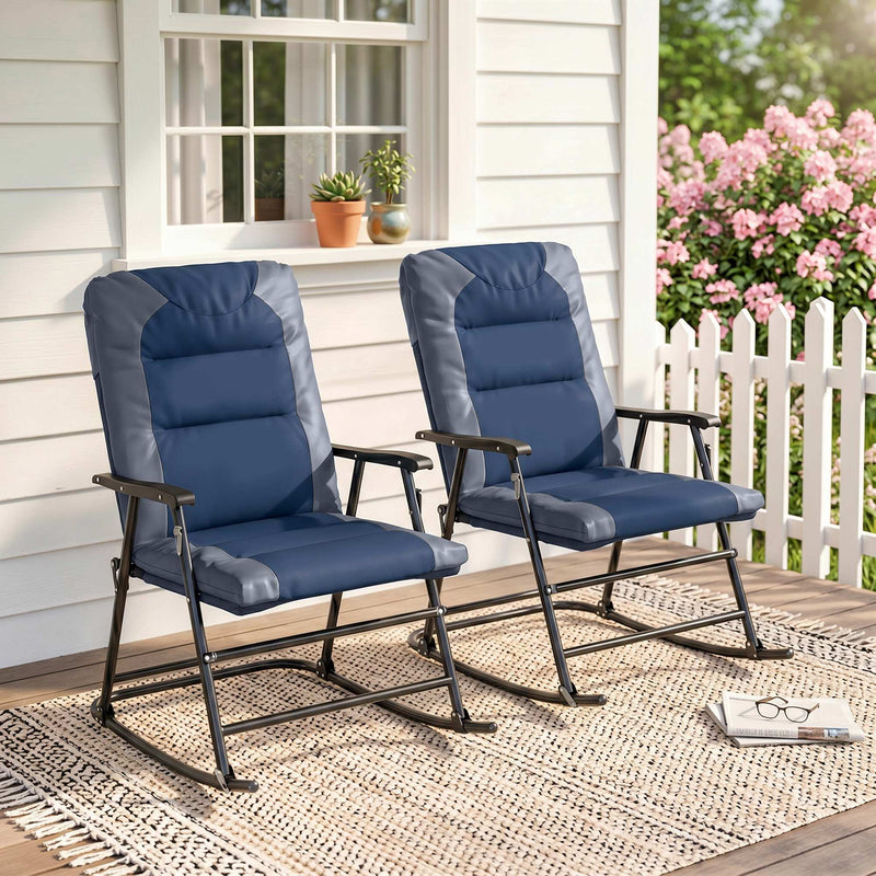 Outsunny - Folding Rocking Chair Set of 2 Padded Rockers with Armrest, Navy Blue