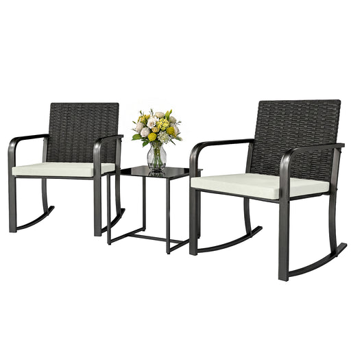 Outsunny - 3 Pieces Rocking Bistro Set Outdoor Patio Furniture Set with Cushions, Glass Coffee Table for Balcony, Cream White