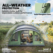 Outsunny - Multi-Room Camping Tent for 5 Person, Easy Set up Large Family Tent with 4 Windows, Porch, Light Green