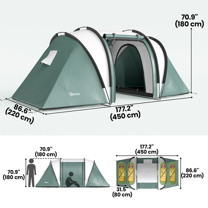 Outsunny - Camping Tent with 2 Bedrooms and Living Area, 3000mm Waterproof Family Tent, for Fishing Hiking Festival, Army Green