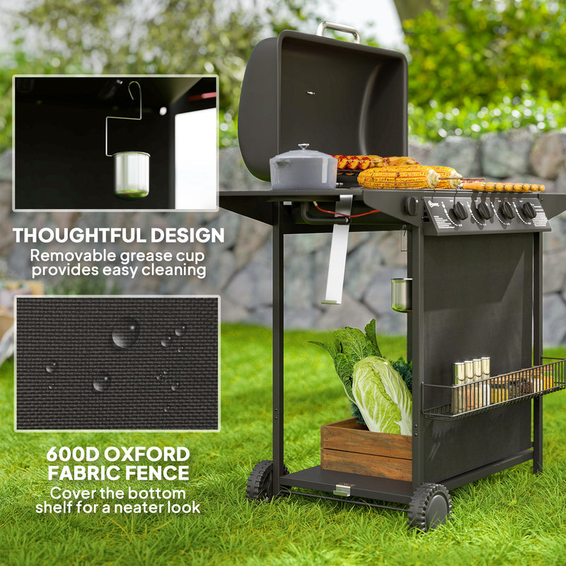 Outsunny - 4+1 Burner Propane Gas BBQ Grill, Portable Gas Barbecue Grill with Side Burner, Thermometer, Lid, Side Table, Shelf, Spice Rack, Wheels, Grease Cup for Garden, Black