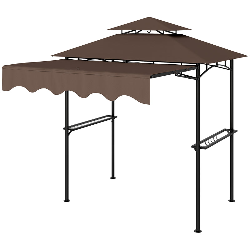 Outsunny - 8' x 7.6' Grill Gazebo, Double Tiered Barbecue Grill Gazebo Shelter w/ Side Awning, 2 Side Shelves, 6 Hooks, Brown