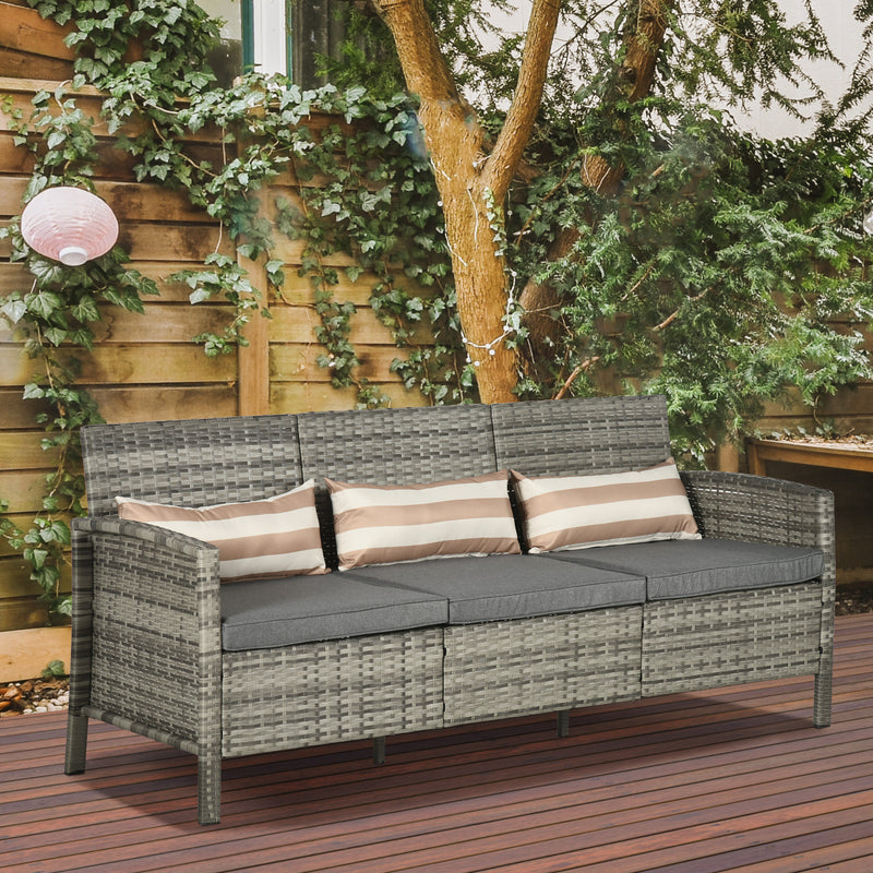 Outsunny - 3-Seater Wicker Sofa, PE Rattan Outdoor Couch Conversation Furniture with Removable Cushions for Patio, Garden, Grey