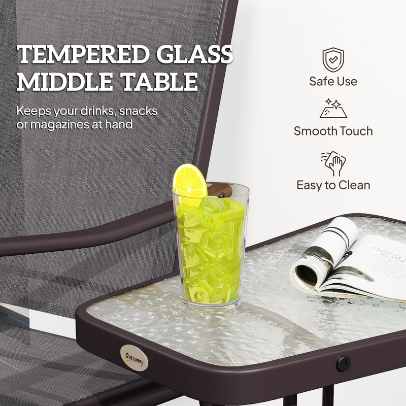 Outsunny - Double Patio Glider Chair with Glass Top Center Table, Outdoor Glider Loveseat with High Back, All Weather Breathable Mesh Fabric for Garden, Backyard, Deck, Grey