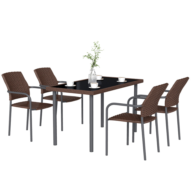 Outsunny - 5 Pieces Outdoor Dining Set for 4, PE Wicker Rattan Patio Furniture Set with Stackable Chairs and Glass Table Top
