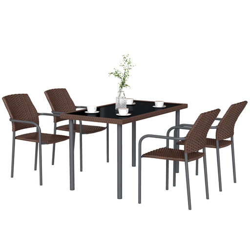 Outsunny - 5 Pieces Outdoor Dining Set for 4, PE Wicker Rattan Patio Furniture Set with Stackable Chairs and Glass Table Top