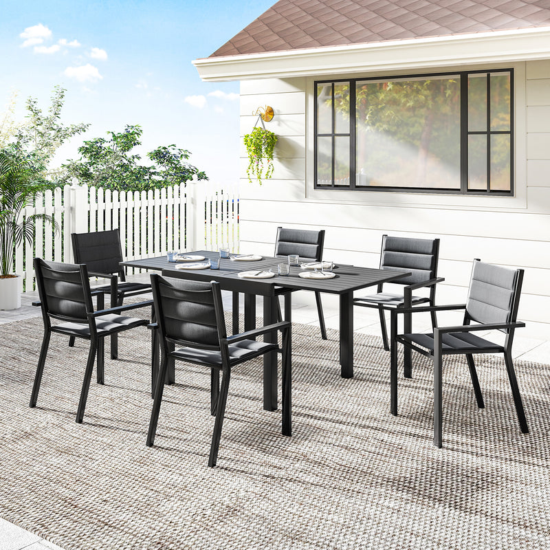 Outsunny - Patio Dining Set for 6, Aluminum Expandable Outdoor Table and 6 Stackable Chairs with Padded Back, Mesh Seat, Black