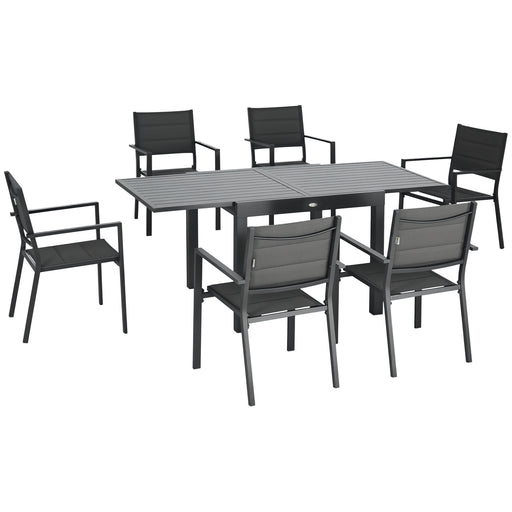 Outsunny - Patio Dining Set for 6, Aluminum Expandable Outdoor Table and 6 Stackable Chairs with Padded Back, Mesh Seat, Dark Grey