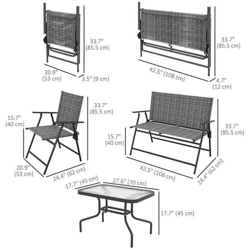Outsunny - Outdoor 4 Pieces Patio Furniture Set, Garden Set with Two Foldable Armchairs, a Loveseat & Glass Top Table, Mixed Grey