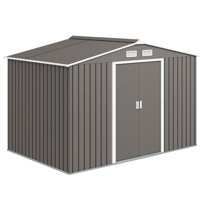 9x6 Galvanized Steel Ventilated Garden Storage Shed with Double Doors, Foundation Kit, Grey