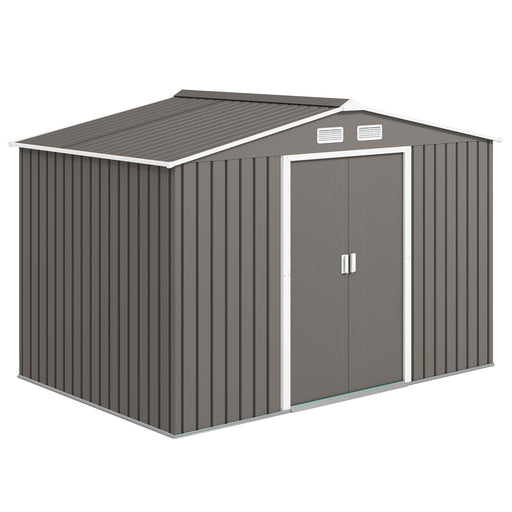 9x6 Galvanized Steel Ventilated Garden Storage Shed with Double Doors, Foundation Kit, Grey