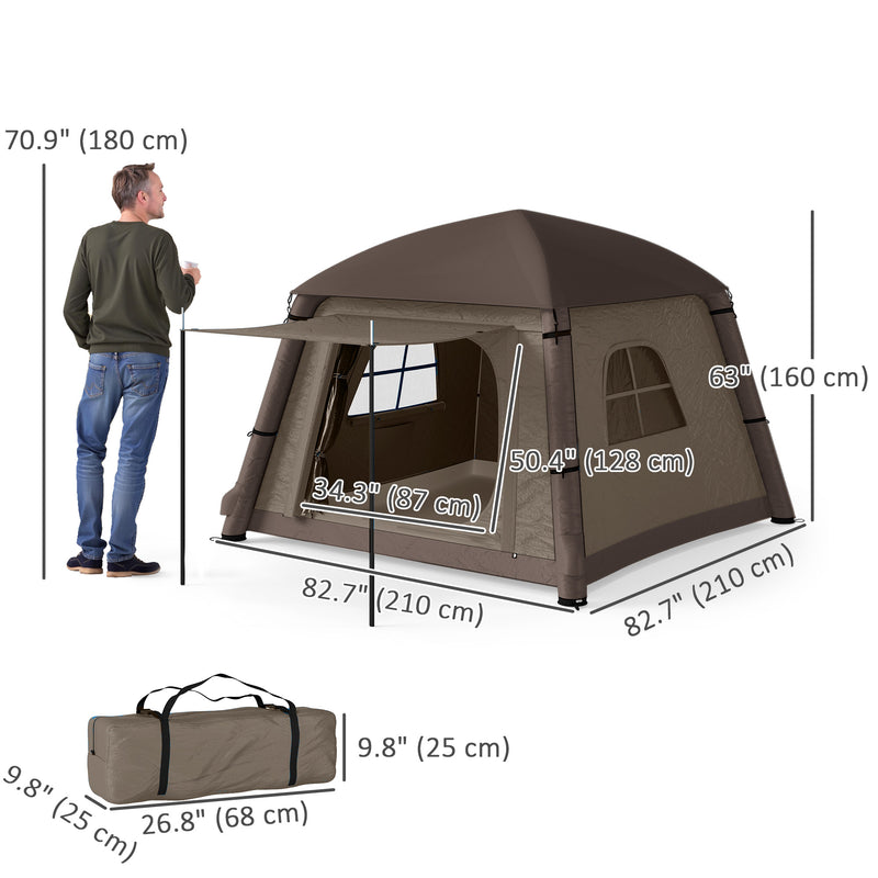 Outsunny - Inflatable Camping Tent, 1-2 Person Glamping Tent with Hand Pump, Blow Up Tent with Doors, Carry Bag, Khaki and Brown