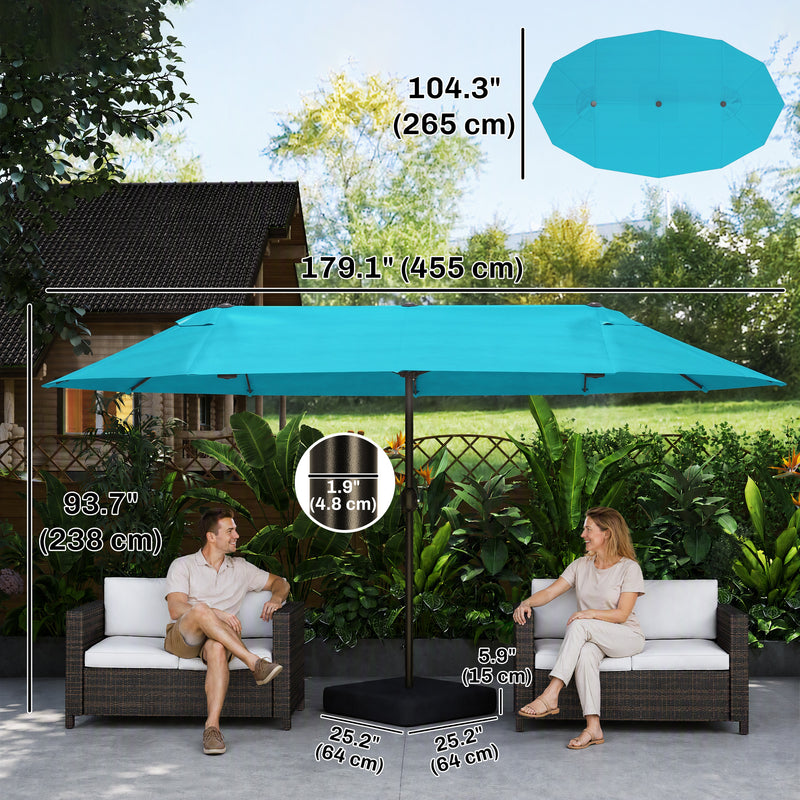 Outsunny - 15' Outdoor Patio Umbrella with Twin Canopy Sunshade Steel Table Umbrella w/ Lift Crank, Cross Base, Sandbag, Light Blue — 84D-031V03LB