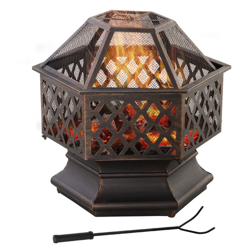 Outsunny - 24.5" Outdoor Fire Pit with Mesh Lid, Portable Wood Burning Firebowl with Poker for Patio, Backyard, Bronze