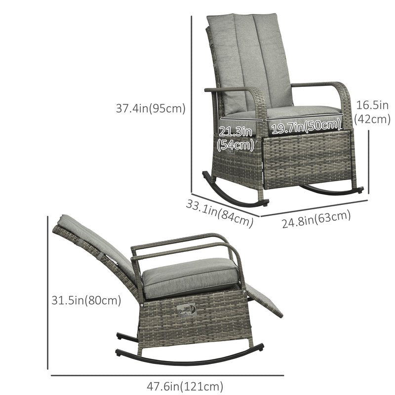 Outsunny - Outdoor Wicker Rocking Chair with Cushion, Patio PE Rattan Recliner Chair with Adjustable Footrest, Armrests, Mixed Grey