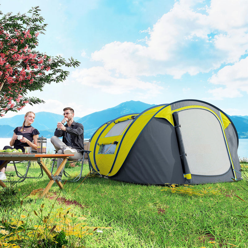 Outsunny - 4 Person Camping Tent, Easy Pop Up Tent with Doors, Windows and Carry Bag, Automatic Setup Tent for Hiking, Yellow
