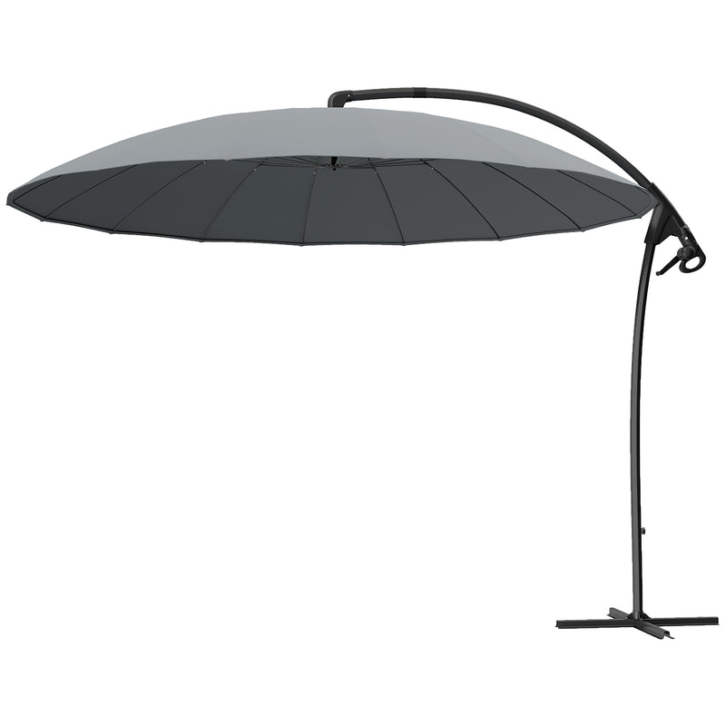 Outsunny - 9FT Cantilever Umbrella with 16 Fibreglass Ribs, Offset Hanging Umbrella, Patio Umbrella with Crank and Cross Base, Grey