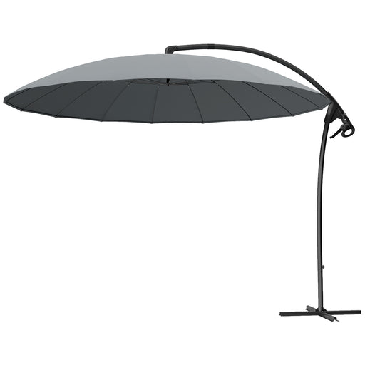 Outsunny - 9FT Cantilever Umbrella with 16 Fibreglass Ribs, Offset Hanging Umbrella, Patio Umbrella with Crank and Cross Base, Grey