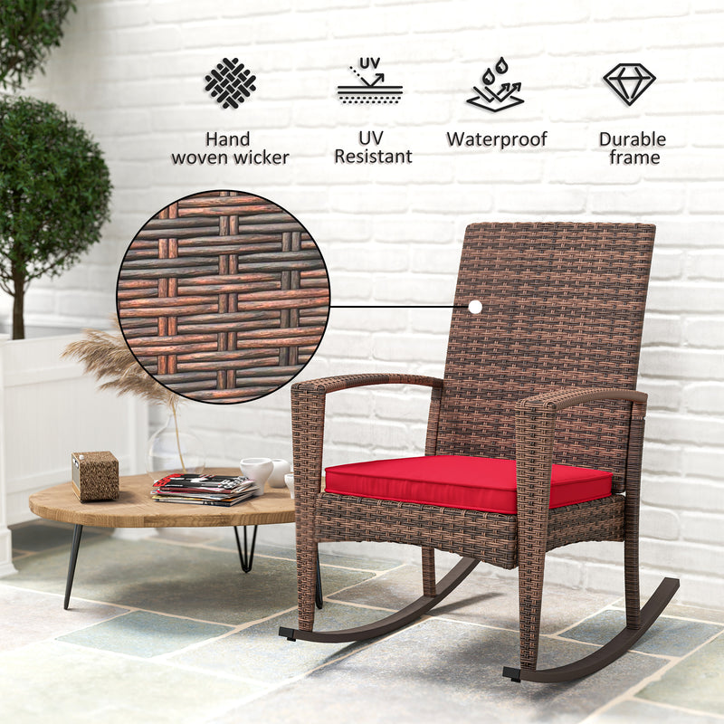 Outsunny - Outdoor PE Rattan Rocking Chair, Garden Glider Rocking Chair, Wicker Patio Chair Set with Armrest and Cushion, Wine Red