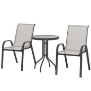 Outsunny - 3 Pieces Bistro Set, Small Patio Furniture Set with Stackable Mesh Chairs, Glass Table for Garden, Balcony, Light Grey
