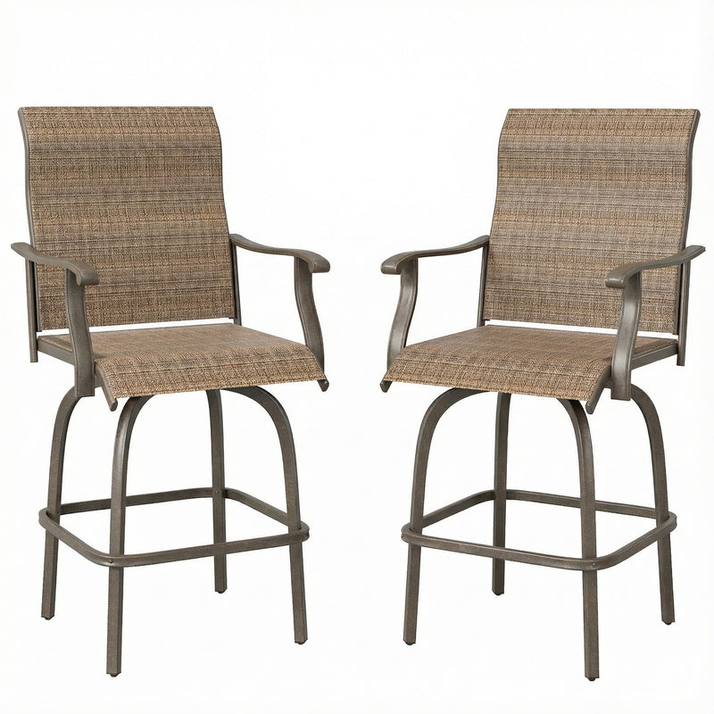 Outsunny - Outdoor Bar Stools Set of 2, Swivel Bar Height Chairs with High Back, Curved Armrests and Steel Frame for Balcony, Brown