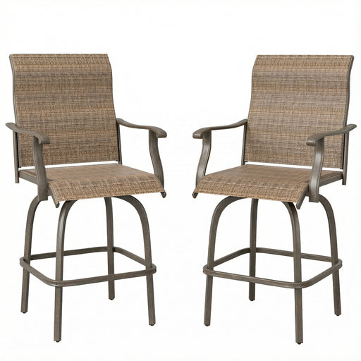 Outsunny - Outdoor Bar Stools Set of 2, Swivel Bar Height Chairs with High Back, Curved Armrests and Steel Frame for Balcony, Brown