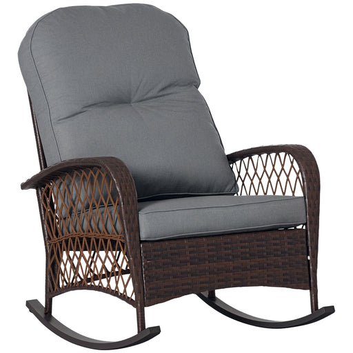 Outsunny - Rattan Rocking Chair, Outdoor Wicker Patio Rocker Chair Furniture with Thick Cushions, for Garden Backyard Porch, Grey