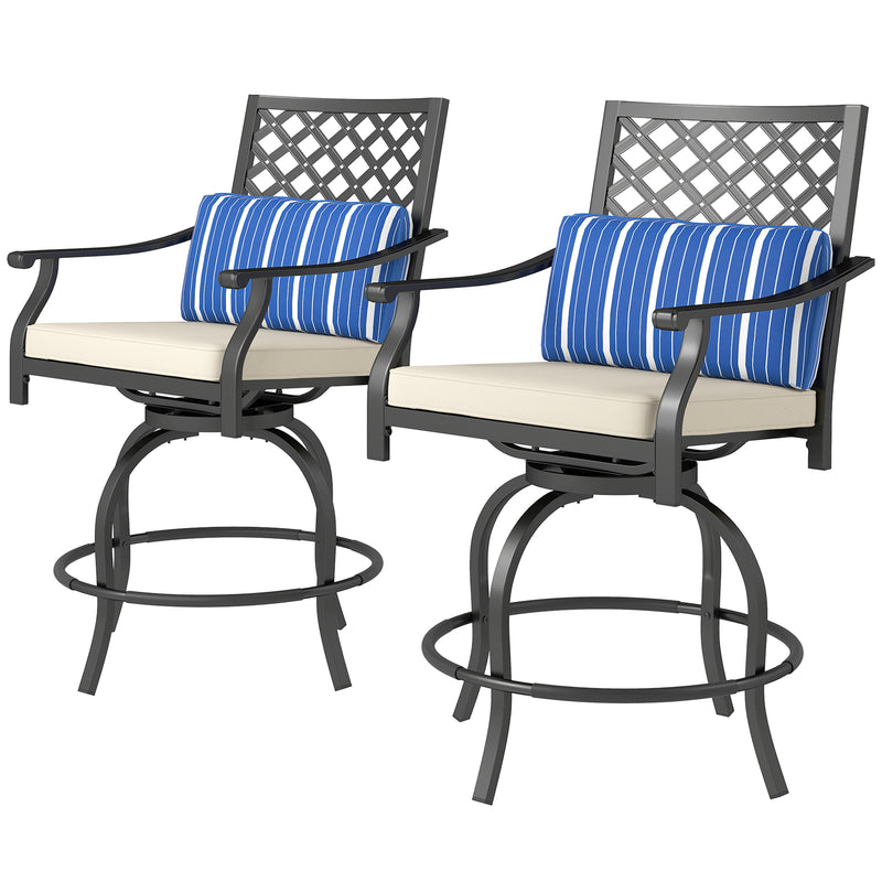 Outsunny - Outdoor Bar Stools Set of 2, Bar Height Swivel Patio Chairs with Cushion, Pillow Footrest for Poolside, Backyard
