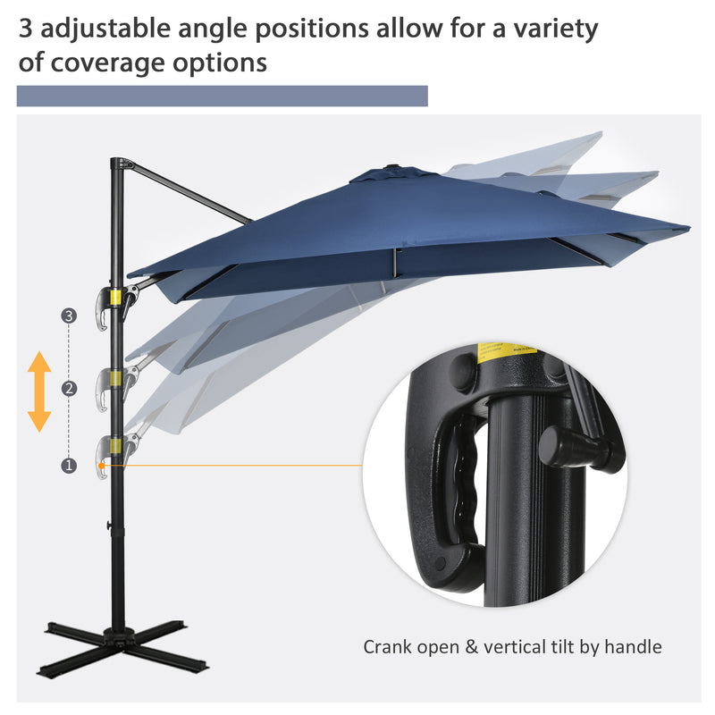 Outsunny - 8' x 8' Square Patio Hanging Offset Umbrella with 360° Rotation, Aluminum Outdoor Cantilever Parasol with Crank & Tilt, Sun Canopy Shelter with Cross Base, Dark Blue — 84D-051V00DB
