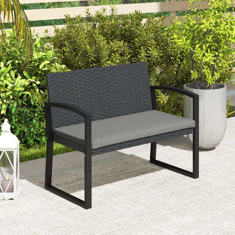 Outsunny - 2 Seater Outdoor Bench, Rattan Garden Bench Loveseat with Cushion, Armrests, Steel Frame for Patio, Porch, Light Grey