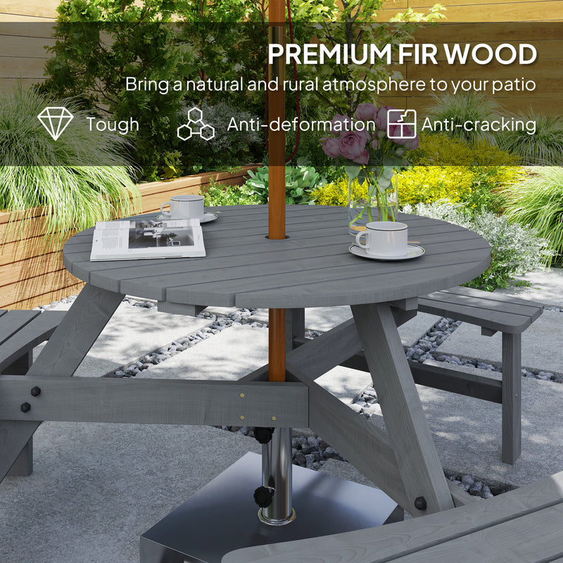Outsunny - 6 Person Round Picnic Table Bench Set with Umbrella Hole, Wood Patio Table with 3 Built-in Benches for Garden, Deck, Backyard, Grey