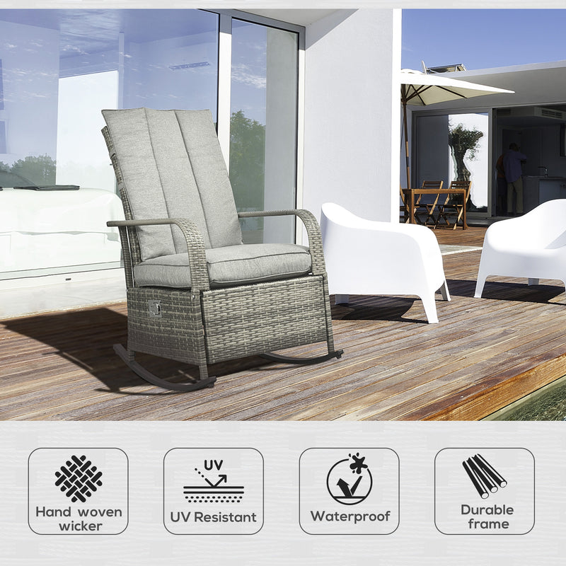 Outsunny - Outdoor Wicker Rocking Chair with Cushion, Patio PE Rattan Recliner Chair with Adjustable Footrest, Armrests, Mixed Grey