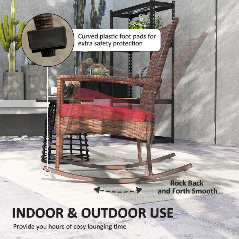 Outsunny - Outdoor PE Rattan Rocking Chair, Garden Glider Rocking Chair, Wicker Patio Chair Set with Armrest and Cushion, Wine Red