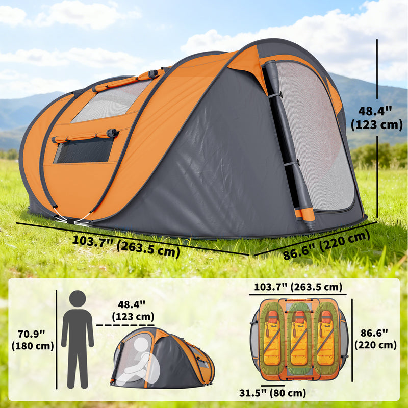 Outsunny - 4 Person Camping Tent, Easy Pop Up Tent with Doors, Windows and Carry Bag, Automatic Setup Tent for Hiking, Orange