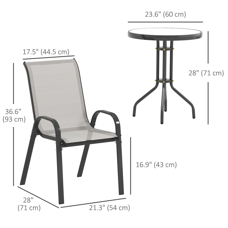 Outsunny - 3 Pieces Bistro Set, Small Patio Furniture Set with Stackable Mesh Chairs, Glass Table for Garden, Balcony, Light Grey