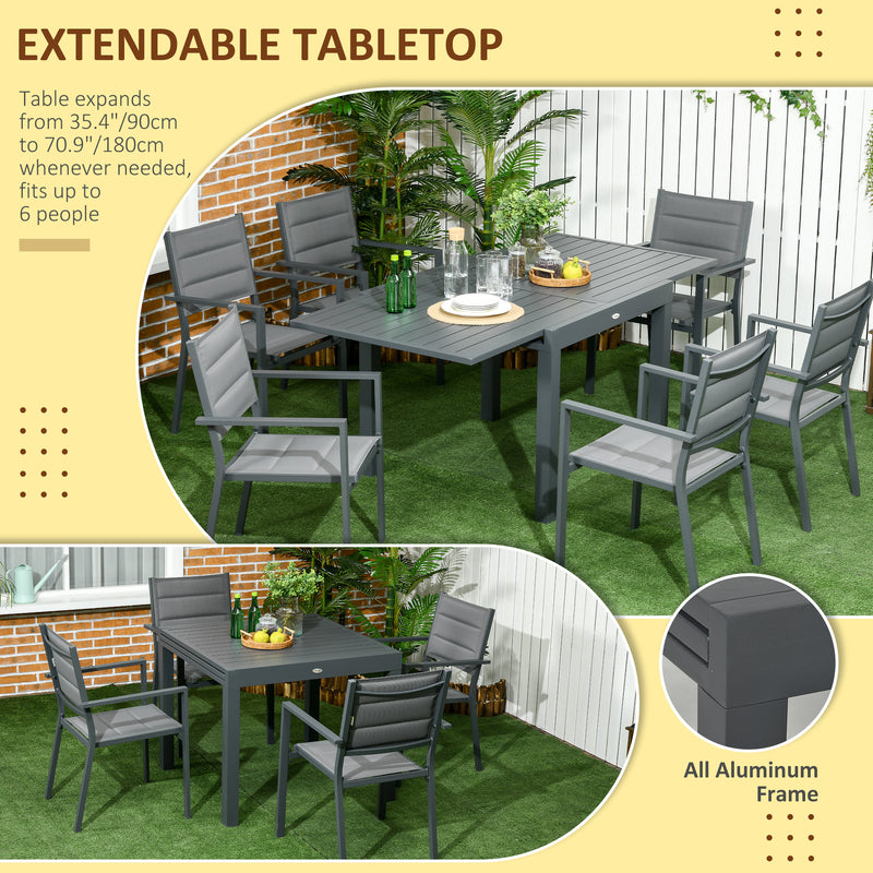 Outsunny - Patio Dining Set for 6, Aluminum Expandable Outdoor Table and 6 Stackable Chairs with Padded Back, Mesh Seat, Dark Grey