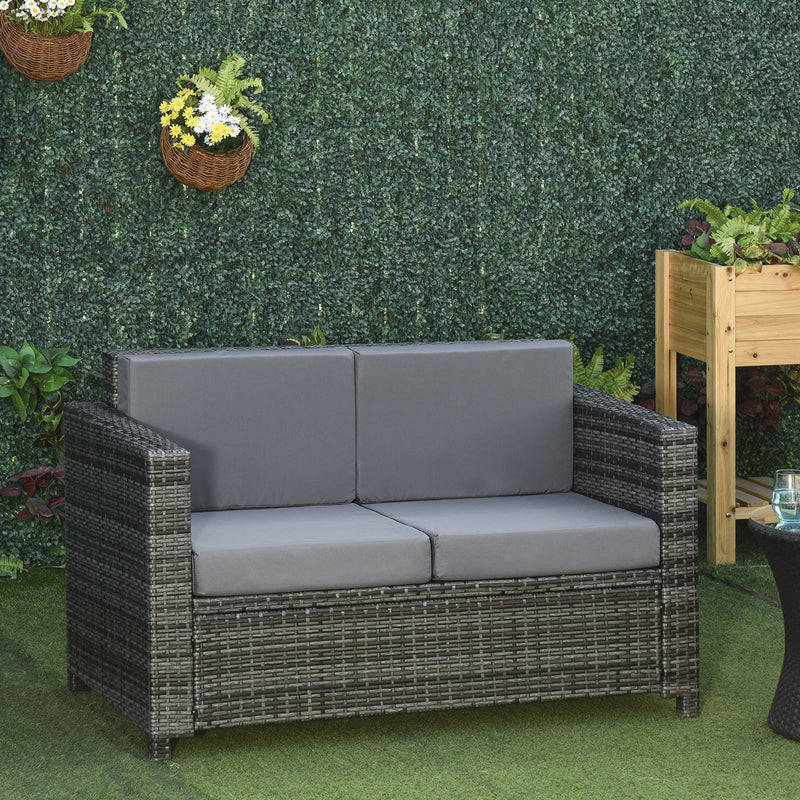 Outsunny - 2 Seat Patio Loveseat Deluxe Wicker Sofa Chair Outdoor Rattan Furniture Couch All Weather with Cushion for Balcony, Deck, Garden and Poolside, Grey