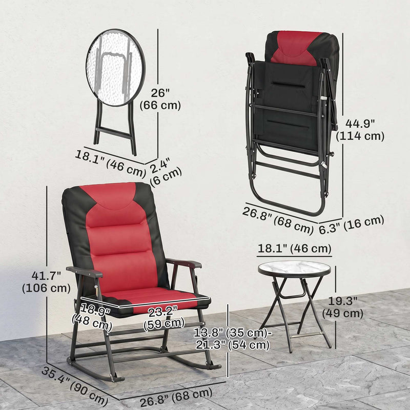 Outsunny - 3pc Patio Foldable Rocking Chair Set, Outdoor Rocking Chairs and Table Set w/ Padded Seat, Headrest, Backrest for Backyard, Garden, Red
