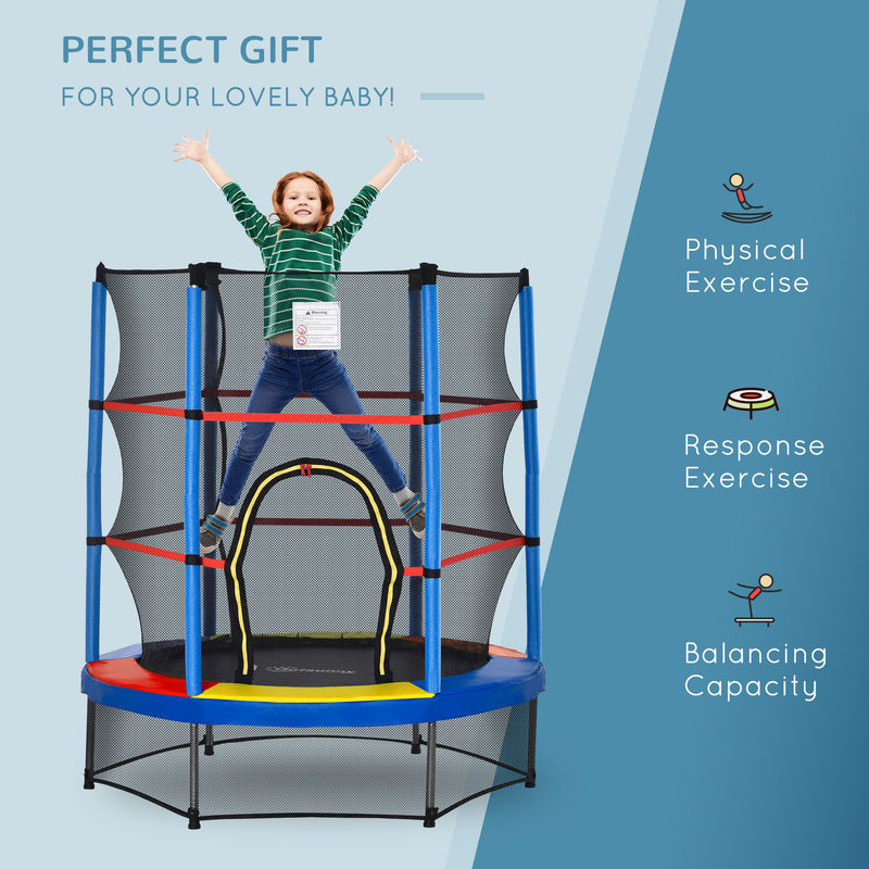 Aosom 55" Kids Trampoline with Enclosure Net for Indoor/Outdoor, Trampoline for Boys and Girls Age 3-6 Years, Multi-Coloured