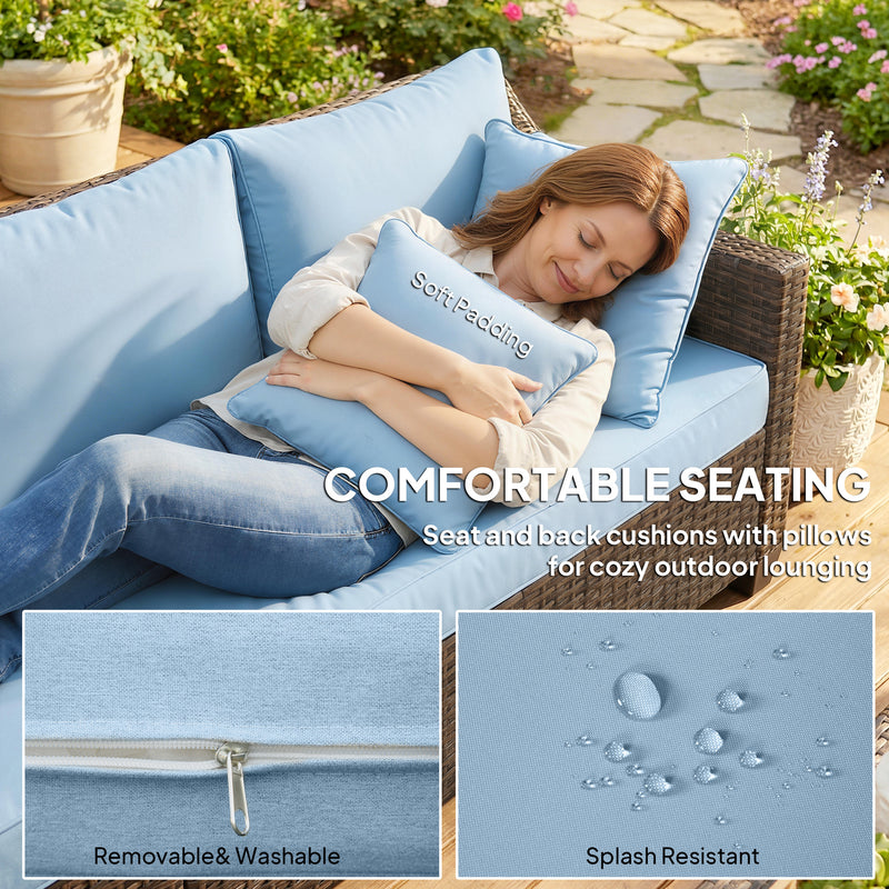Outsunny - PE Wicker Outdoor Couch Sofa, 4-Seater Modular Patio Furniture Lounge Set with 2 Loveseats, Cushions, Pillows, Blue