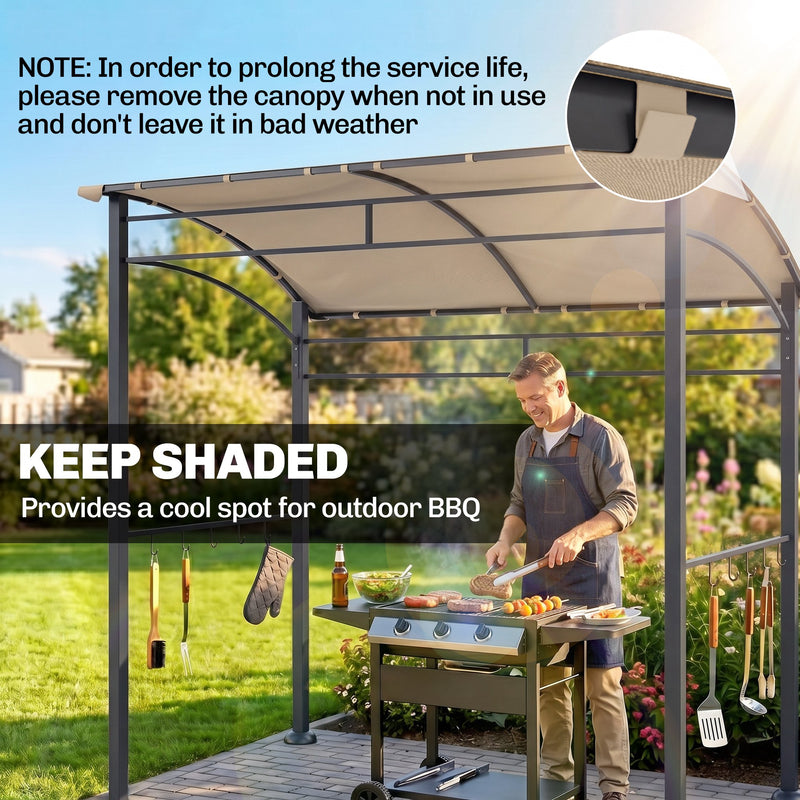 Outsunny - 7' x 5' BBQ Grill Gazebo Tent, Garden Grill Canopy with Steel Frame and Hooks, Outdoor Sun Shade, Khaki