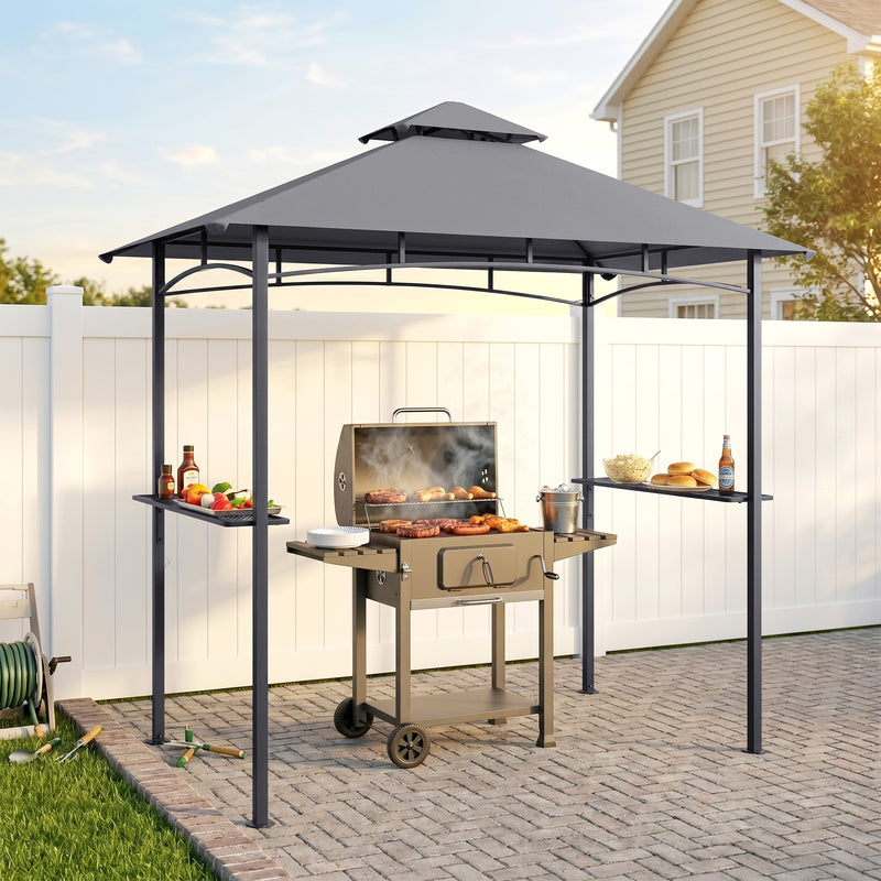 Outsunny - 8' x 5' BBQ Grill Gazebo Tent with Double Tiered Canopy for Outdoor Sun Shade, Grey