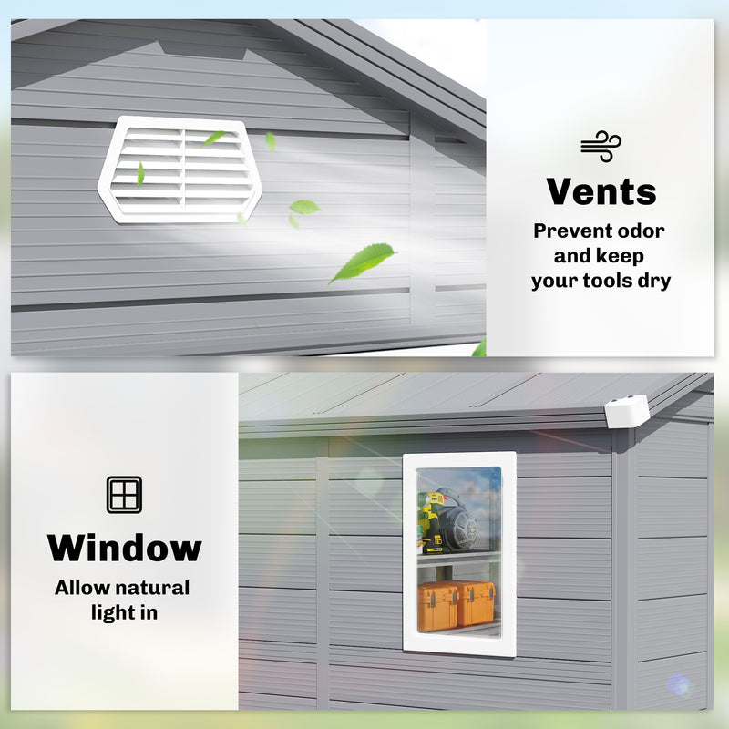 8' x 6' PP Garden Storage Shed with Latch Door, Vents, Window, Sloped Roof, Dark Grey