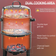 Outsunny - 3-in-1 Vertical Charcoal BBQ Smoker, 16" Round Barbecue Grill with 2 Cooking Areas and Thermometer, Black