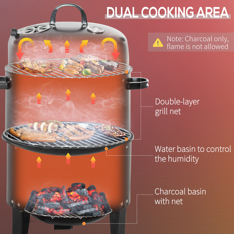 Outsunny - 3-in-1 Vertical Charcoal BBQ Smoker, 16" Round Barbecue Grill with 2 Cooking Areas and Thermometer, Black