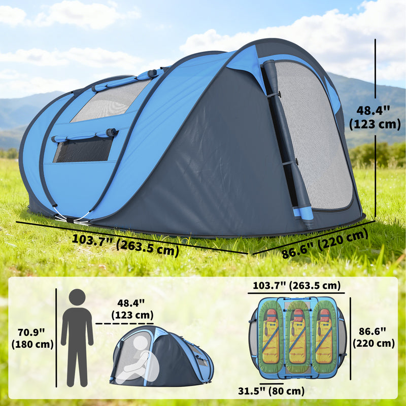 Outsunny - 4 Person Camping Tent, Easy Pop Up Tent with Doors, Windows and Carry Bag, Automatic Setup Tent for Hiking, Blue