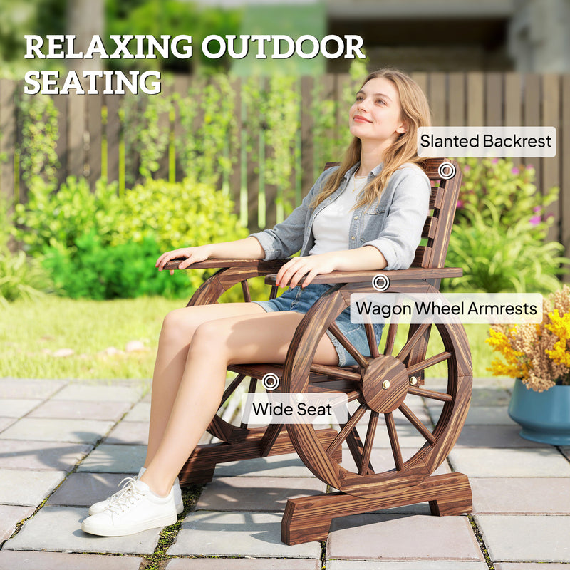 Outsunny - Wood Outdoor Patio Chair, Lounge Chair with Wagon Wheel Armrests, Slatted Wide Seat, Slanted Backrest, Carbonized