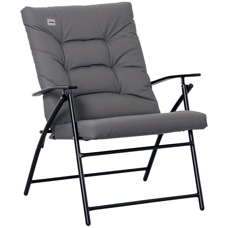 Outsunny - Foldable Lounge Chair, Fabric Upholstered Recliner, Outdoor Lounger with Armrest, Metal Frame for Backyard, Grey
