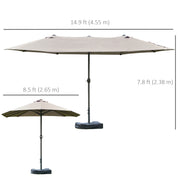 15' Outdoor Patio Umbrella with Twin Canopy Sunshade Steel Table Umbrella w/ Lift Crank, Cross base, Sandbag, Light Grey